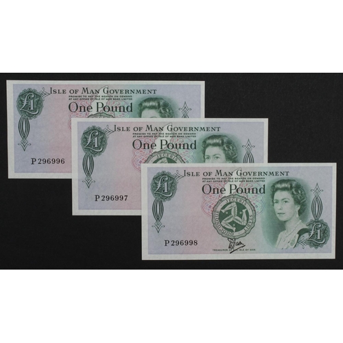 381 - Isle of Man 1 Pound (3) issued 1983, printed on Bradvek Tyvek plastic, signed W. Dawson, a consecuti... 