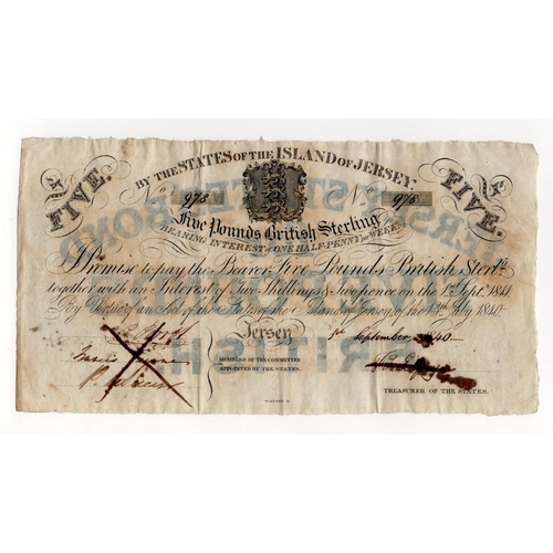 397 - Jersey 5 Pounds dated 1840, Interest Bearing Note at one half-penny per week, serial number 978, pen... 