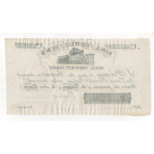 400 - Jersey Bible Christian Church 1 Pound issued 1872, Royal Crescent Jersey, uniface remainder, (PickS1... 