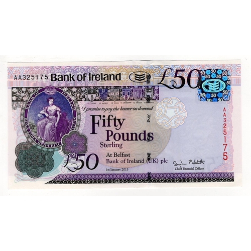 418 - Northern Ireland, Bank of Ireland 50 Pounds dated 1st January 2013, signed Stephen Matchett, first p... 