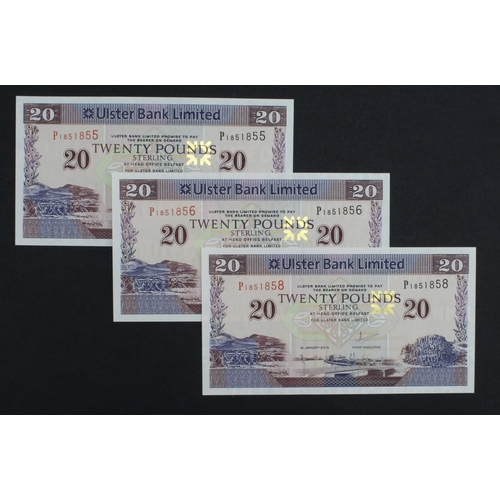 436 - Northern Ireland, Ulster Bank 20 Pounds (3) dated 1st January 2015, including a consecutively number... 