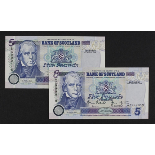 453 - Scotland, Bank of Scotland (2), 5 Pounds dated 13th September 1996 and 5th August 1998, a pair of FI... 