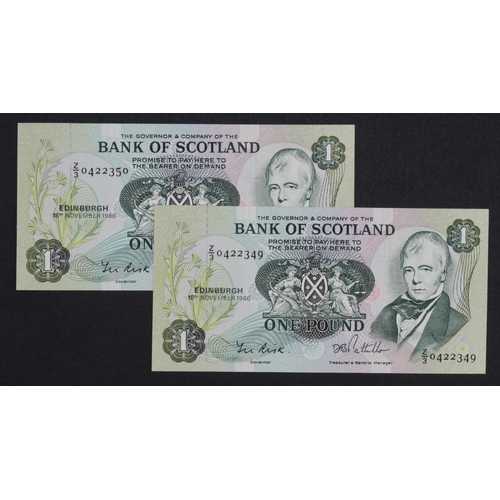 454 - Scotland, Bank of Scotland 1 Pound dated 18th November 1986, a scarce consecutive pair of REPLACEMEN... 