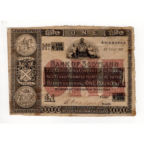 455 - Scotland, Bank of Scotland 1 Pound dated 22nd July 1867, handsigned by Manager and Teller, printer P... 