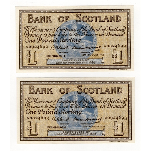 456 - Scotland, Bank of Scotland 1 Pound dated 25th August 1958 (2), signed Lord Bilsland & William Watson... 