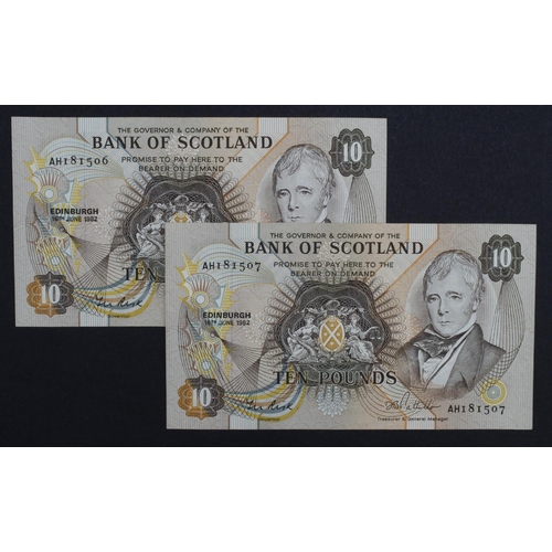 457 - Scotland, Bank of Scotland 10 Pounds dated 16th June 1982 (2), a consecutively numbered pair, serial... 