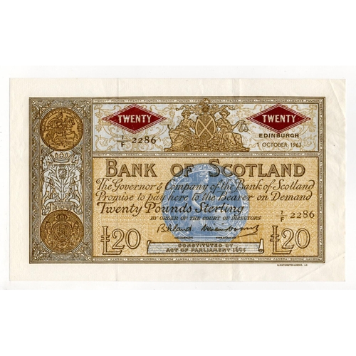 462 - Scotland, Bank of Scotland 20 Pounds dated 1st October 1963, signed Bilsland & Watson, serial 7/F 22... 