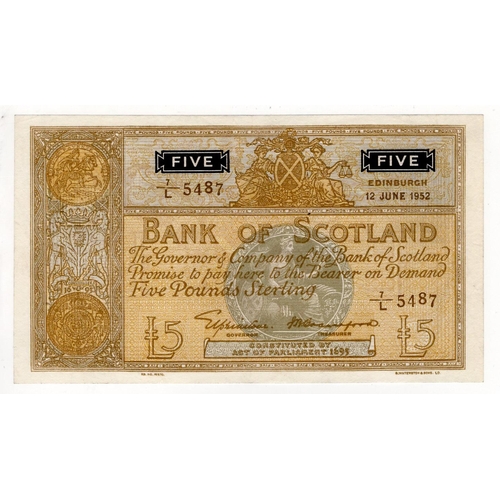 467 - Scotland, Bank of Scotland 5 Pounds dated 12th June 1952, signed Lord Elphinstone & William Watson, ... 