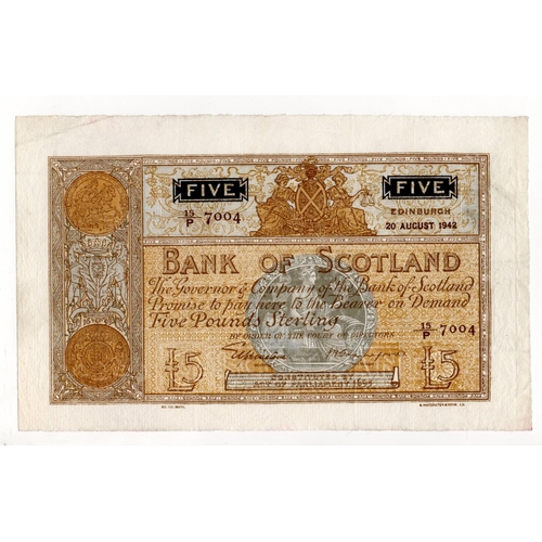 469 - Scotland, Bank of Scotland 5 Pounds dated 20th August 1942, signed Lord Elphinstone & John B. Crawfo... 