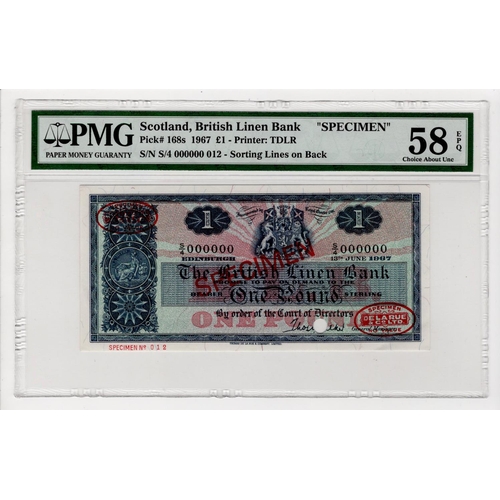 473 - Scotland, British Linen Bank 1 Pound dated 13th June 1967, SPECIMEN note signed Thomas W. Walker, se... 