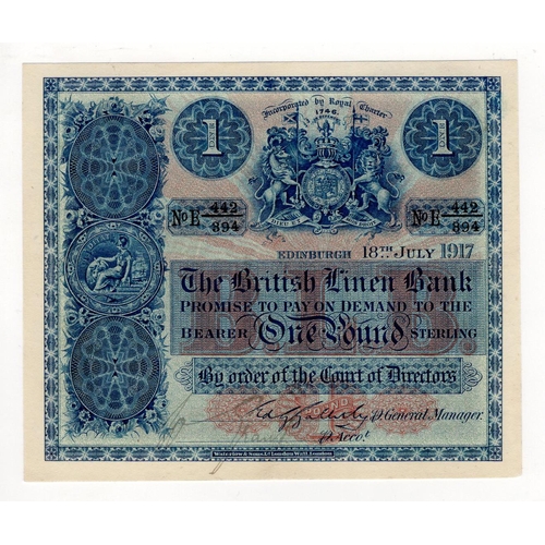 474 - Scotland, British Linen Bank 1 Pound dated 18th July 1917, very early date of issue 'square' note, p... 