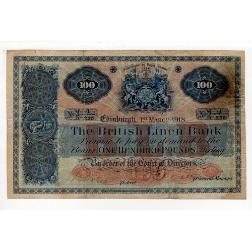 475 - Scotland, British Linen Bank 100 Pounds dated 1st March 1918, handsigned by Manager and Accountant, ... 