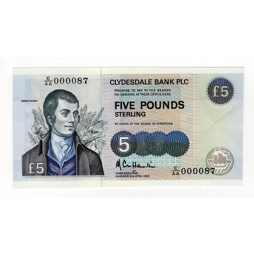 490 - Scotland, Clydesdale Bank 5 Pounds dated 2nd April 1990, FIRST RUN with VERY LOW number, serial E/AA... 