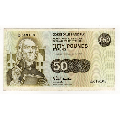 492 - Scotland, Clydesdale Bank 50 Pounds dated 3rd September 1989, signed A.R. Cole Hamilton, serial A/AD... 