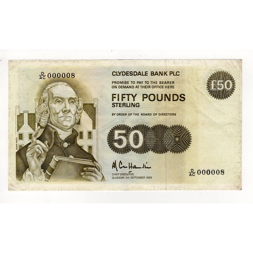 493 - Scotland, Clydesdale Bank 50 Pounds dated 3rd September 1989, signed A.R. Cole Hamilton, VERY LOW lu... 