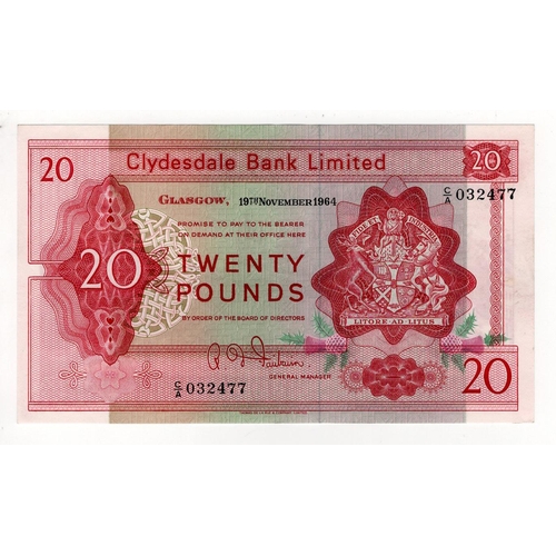 494 - Scotland, Clydesdale Bank Limited 20 Pounds dated 19th November 1964, signed R.D. Fairbairn, FIRST P... 