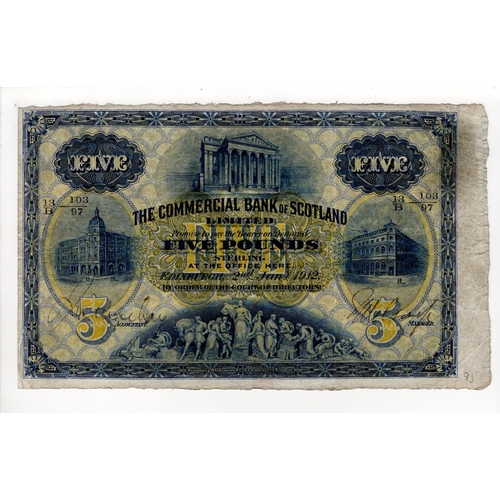 497 - Scotland, Commercial Bank of Scotland 5 Pounds dated 2nd January 1912, a very scarce early date hand... 