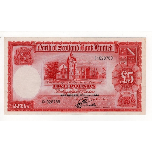 511 - Scotland, North of Scotland Bank 5 Pounds dated 1st July 1944, signed G.L. Webster, serial CE 028789... 