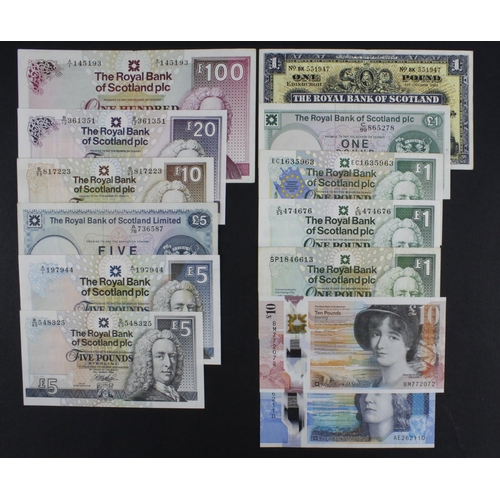 516 - Scotland, Royal Bank of Scotland (13), 100 Pounds dated 1987, 20 Pounds dated 1999, 10 Pounds dated ... 