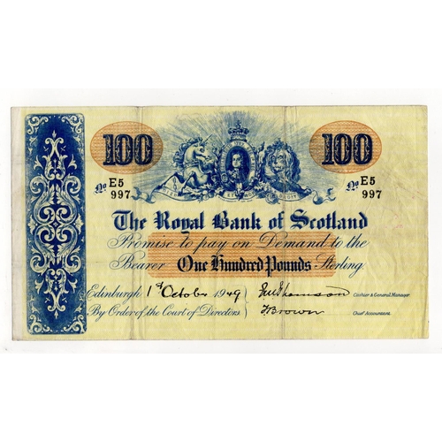 523 - Scotland, Royal Bank of Scotland 100 Pounds dated 1st October 1949, signed Thomson & Brown, serial E... 