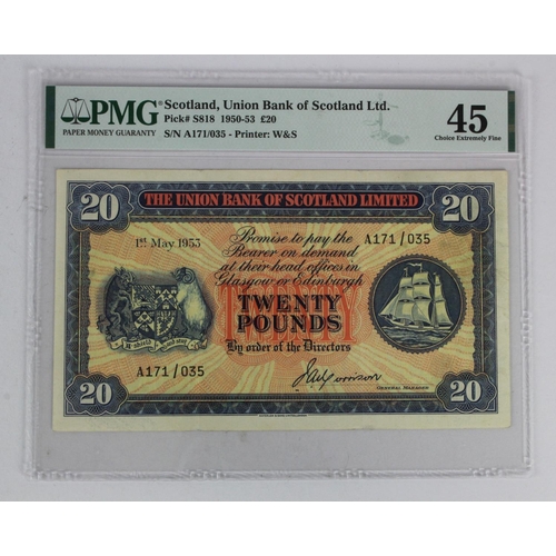 527 - Scotland, Union Bank 20 Pounds dated 1st May 1953, LAST DATE of issue, signed John A. Morrison, seri... 