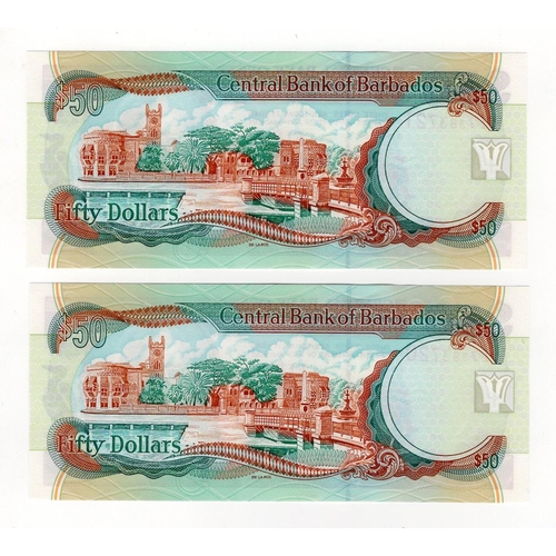 545 - Barbados 50 Dollars (2) issued 2000 signed M.Williams, a consecutively numbered pair, serial J17 383... 