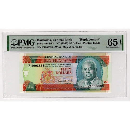 546 - Barbados 50 Dollars issued 1989 signed K. King, REPLACEMENT note serial Z1 006338 (TBB B210az, Pick4... 