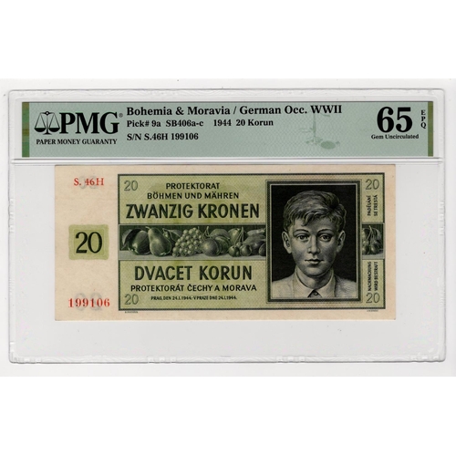 554 - Bohemia & Moravia 20 Korun dated 24th January 1944, serial S.46H 199106 (TBB B109b, Pick9a) in PMG h... 