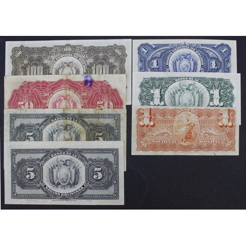 556 - Bolivia (7), 1 Boliviano dated 1892, 5 Bolivianos dated 1911 (2) series F and AA, 1 Boliviano dated ... 