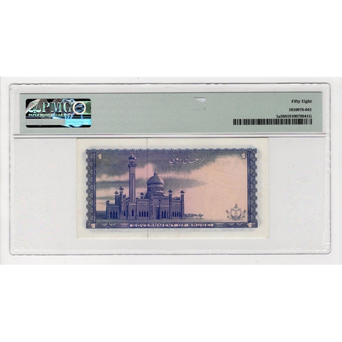 568 - Brunei 1 Ringgit dated 1967, serial A/2 945105 (TBB B101a, Pick1a) in PMG holder graded 58 Choice Ab... 