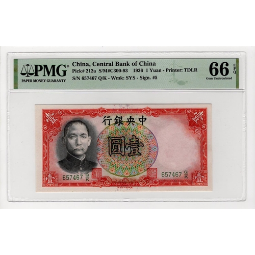 591 - China, Central Bank 1 Yuan dated 1936, serial 657467 Q/K (Pick212a) in PMG holder graded 66 EPQ Gem ... 