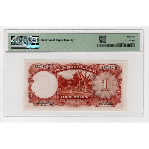 591 - China, Central Bank 1 Yuan dated 1936, serial 657467 Q/K (Pick212a) in PMG holder graded 66 EPQ Gem ... 