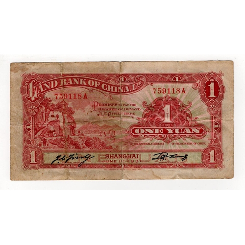 593 - China, Land Bank of China 1 Yuan, Shanghai June 1st 1931, serial 759118A (Pick504) small tear at top... 