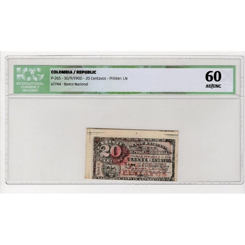 600 - Colombia 20 Centavos dated 1900, serial 67744 (Pick265) in ICG holder graded 60 aUNC/UNC