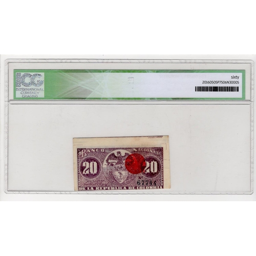 600 - Colombia 20 Centavos dated 1900, serial 67744 (Pick265) in ICG holder graded 60 aUNC/UNC