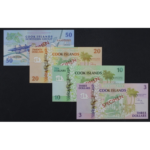 602 - Cook Islands (4), a group of SPECIMEN notes, 50 Dollars, 20 Dollars, 10 Dollars & 3 Dollars issued 1... 