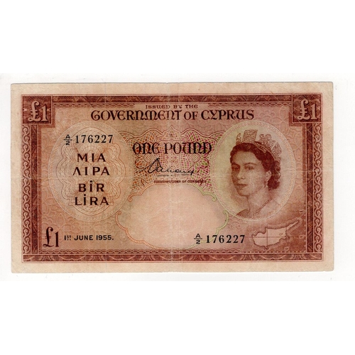 605 - Cyprus 1 Pound dated 1st June 1955, Queen Elizabeth II portrait at right, serial A/2 176227 (TBB B13... 