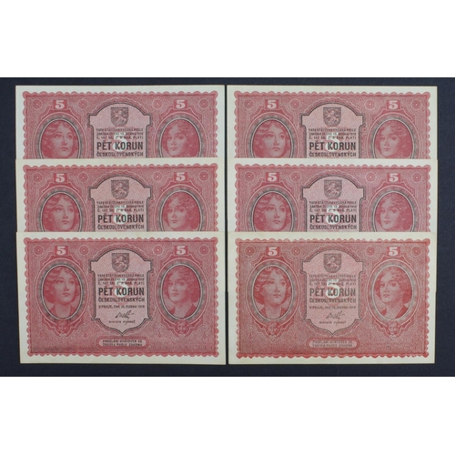 606 - Czechoslovakia 5 Korun (6) dated 15th April 1919, 5 x notes Series 029, the other note LAST Series 1... 