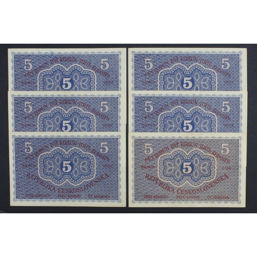 606 - Czechoslovakia 5 Korun (6) dated 15th April 1919, 5 x notes Series 029, the other note LAST Series 1... 