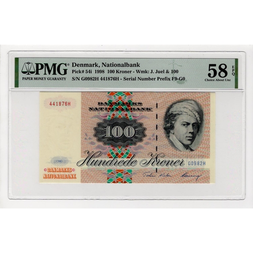 608 - Denmark 100 Kroner dated 1998, serial G0982H 441876H (TBB B922f, Pick54i) in PMG holder graded 58 EP... 