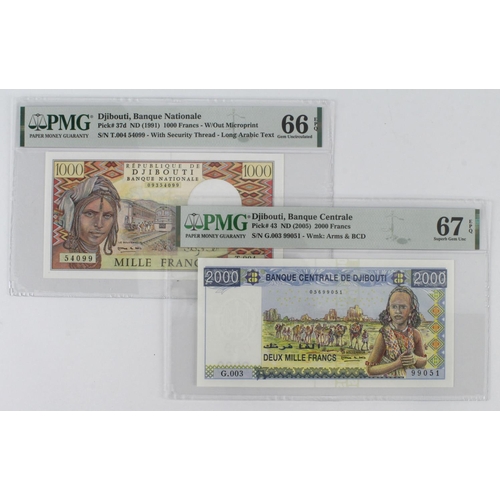 609 - Djibouti (2), 1000 Francs issued 1991, serial T.004 54099 (TBB B102e, Pick37d) in PMG holder graded ... 