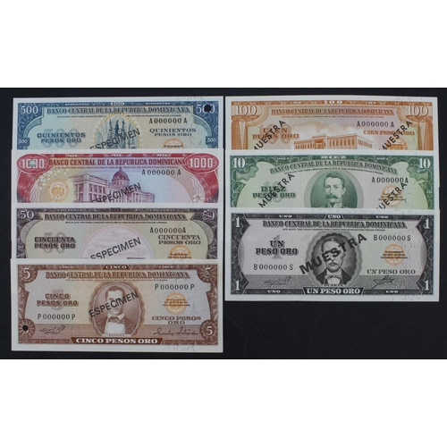 612 - Dominican Republic (7), a collection of SPECIMEN notes, 1 and 10 Pesos Oro (1964), 100 Pesos Oro (19... 