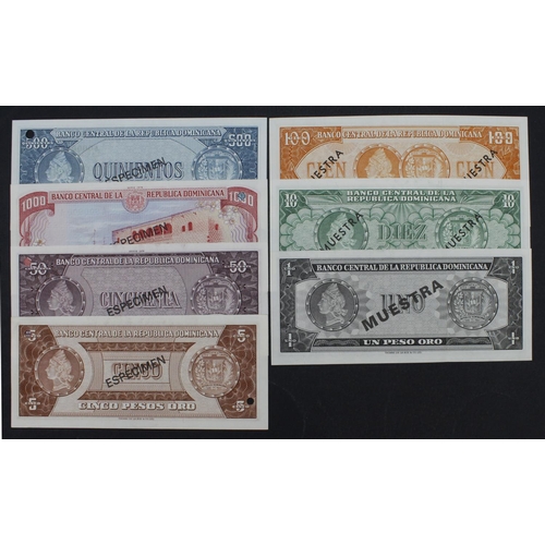 612 - Dominican Republic (7), a collection of SPECIMEN notes, 1 and 10 Pesos Oro (1964), 100 Pesos Oro (19... 