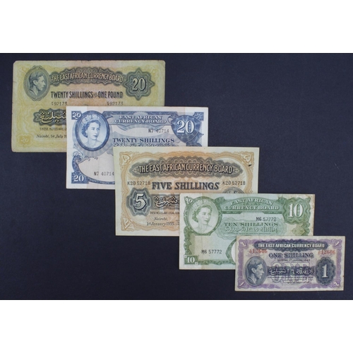 616 - East African Currency Board (5), 20 Shillings or 1 Pound dated 1st July 1941, 1 Shilling dated 1st J... 