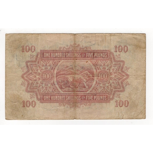 618 - East African Currency Board 100 Shillings or 5 Pounds dated 1st October 1949, portrait King George V... 