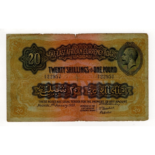 619 - East African Currency Board 20 Shillings or 1 Pound dated 1st January 1933, portrait King George V a... 