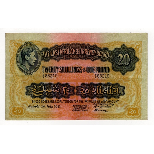 620 - East African Currency Board 20 Shillings or 1 Pound dated 1st July 1941, portrait King George VI at ... 