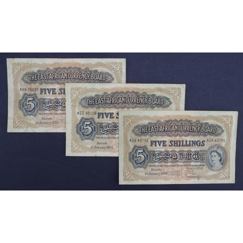 621 - East African Currency Board 5 Shillings (3) dated 1st January 1955 & 1st February 1956, Queen Elizab... 