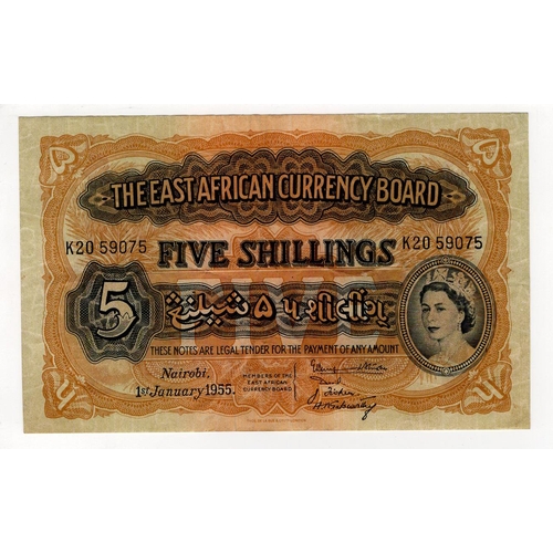 622 - East African Currency Board 5 Shillings dated 1st January 1955, Queen Elizabeth II portrait, serial ... 