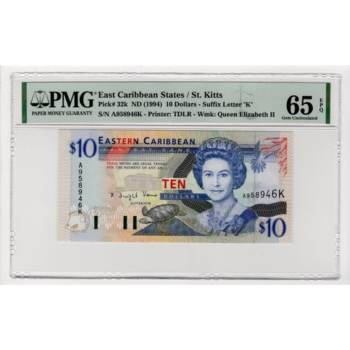 625 - East Caribbean States St. Kitts 10 Dollars issued 1994, serial A958946K (TBB B216k, Pick32k) in PMG ... 